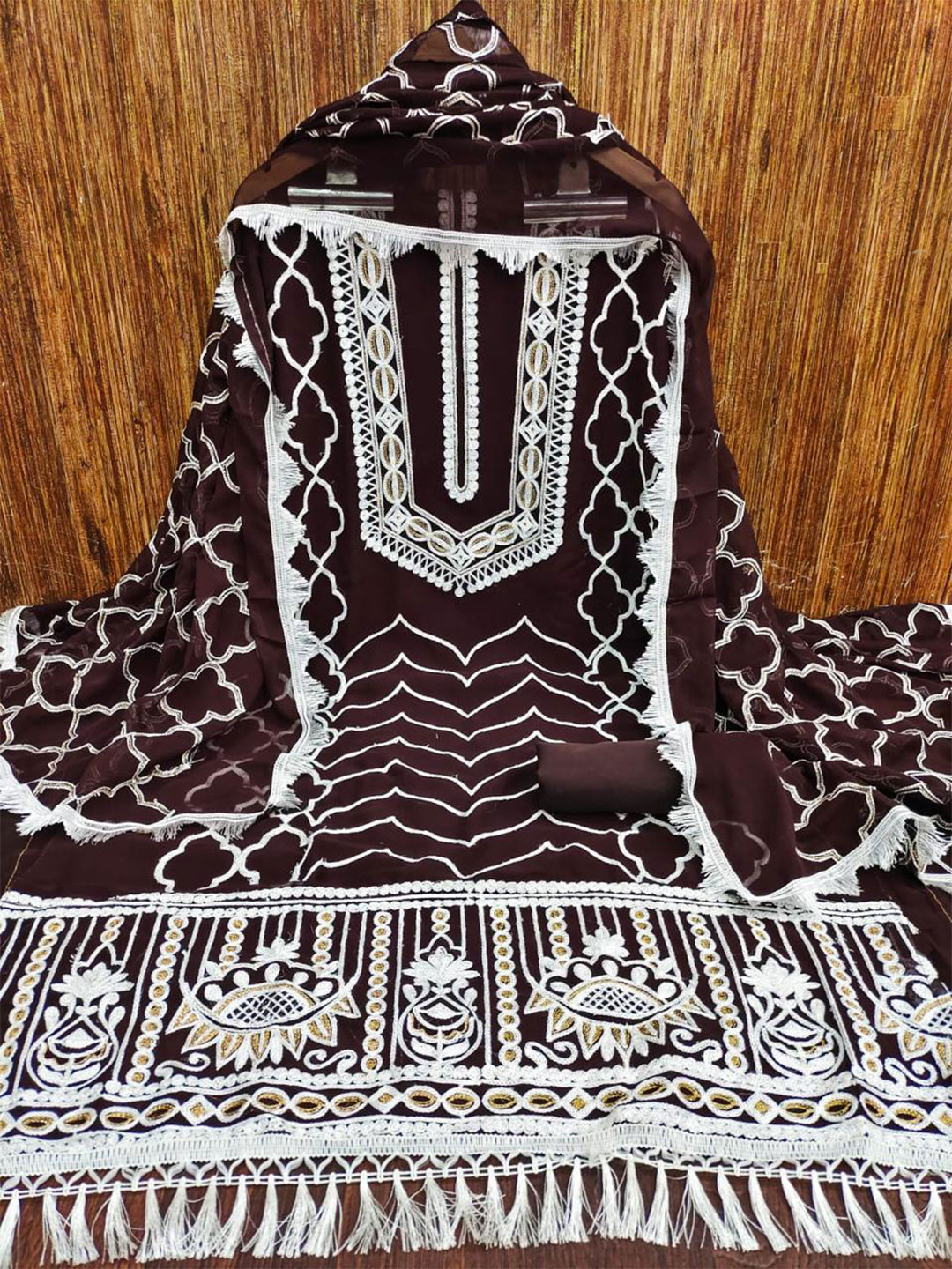 

mimi design Ethnic Motifs Embroidered Unstitched Dress Material, Brown