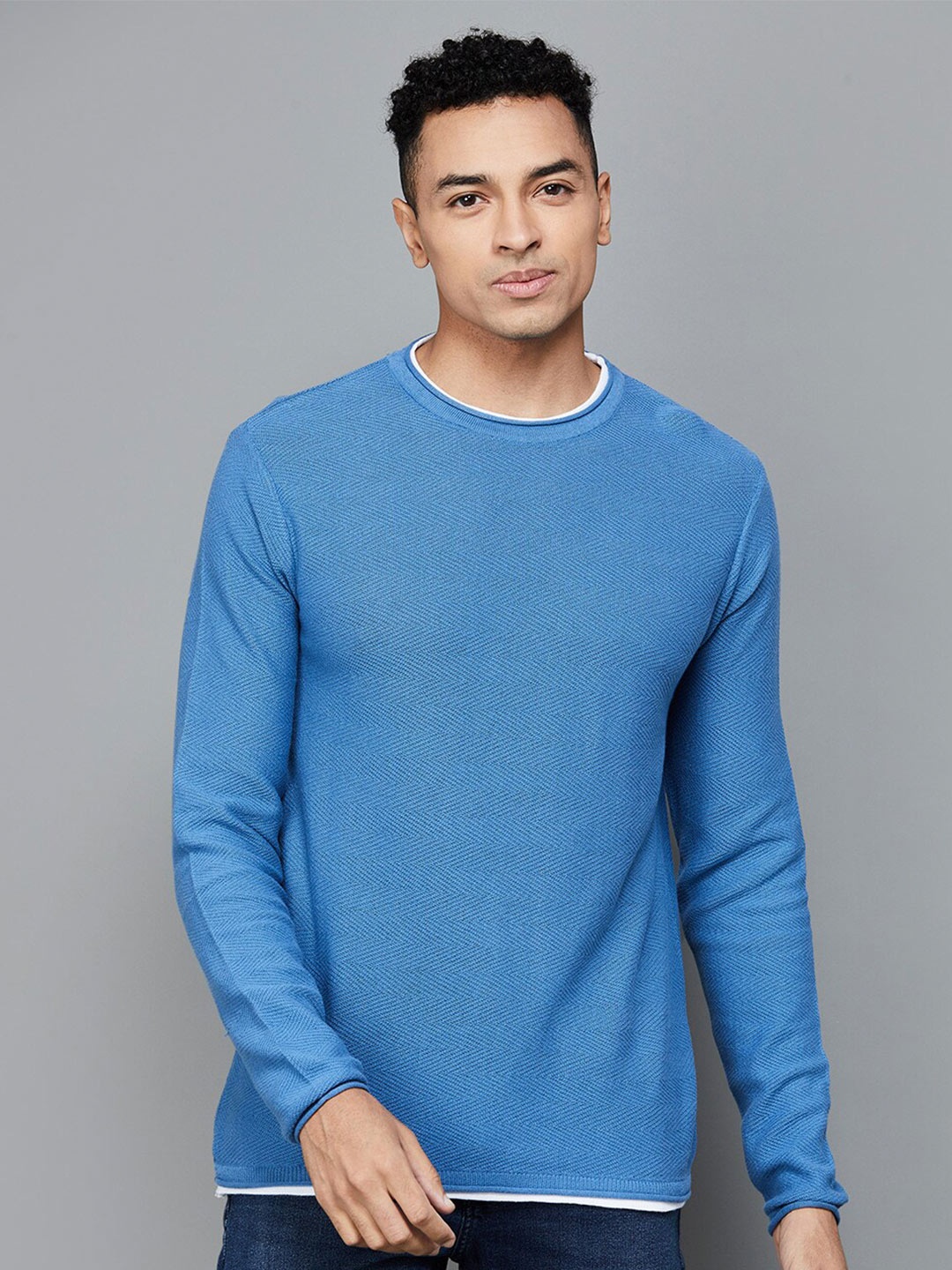 

Bossini Cotton Round Neck Long Sleeves Raw Edge Casual T-shirt, Blue