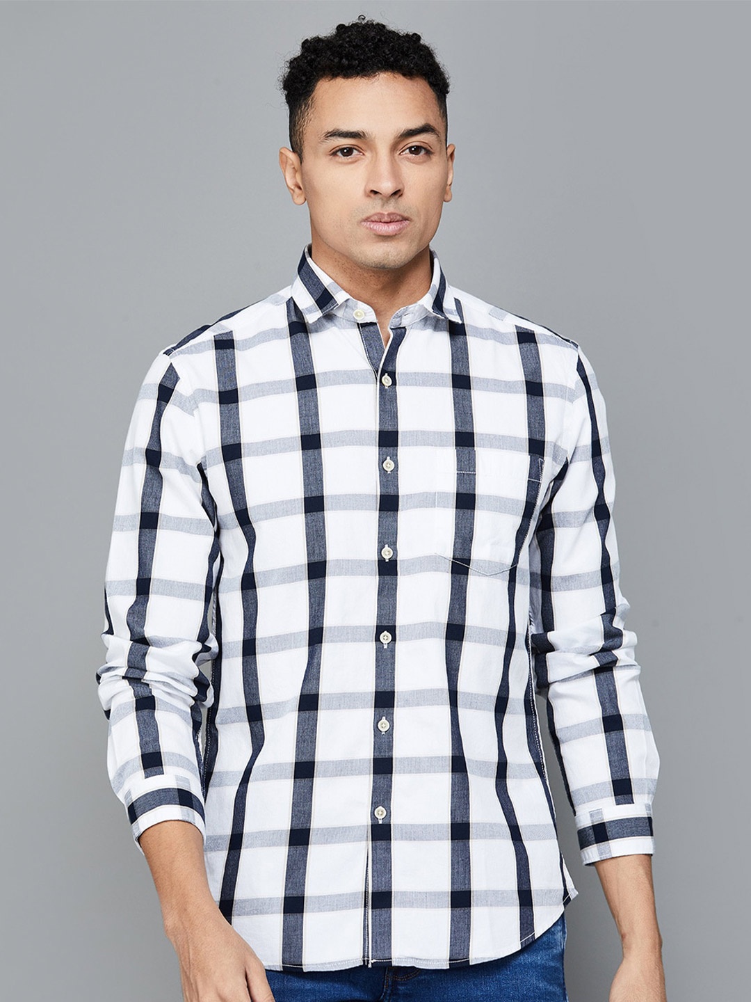 

Bossini Tartan Checks Checked Cotton Spread Collar Long Sleeves Opaque Casual Shirt, White