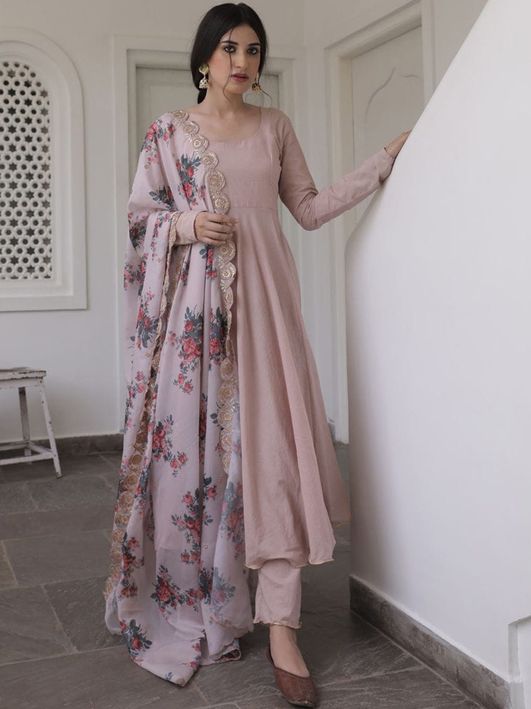 

ZEEPKART Empire Anarkali Kurta with Trousers & With Dupatta, Beige