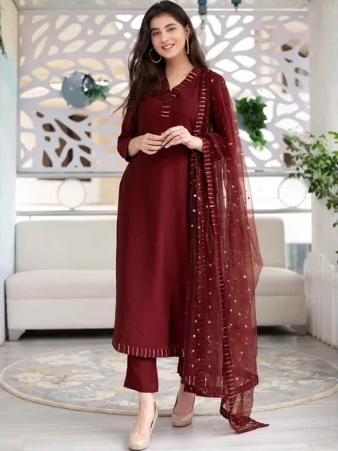 

ZEEPKART Ethnic Motifs Yoke Design V-Neck Straight Kurta With Trousers & Dupatta, Maroon