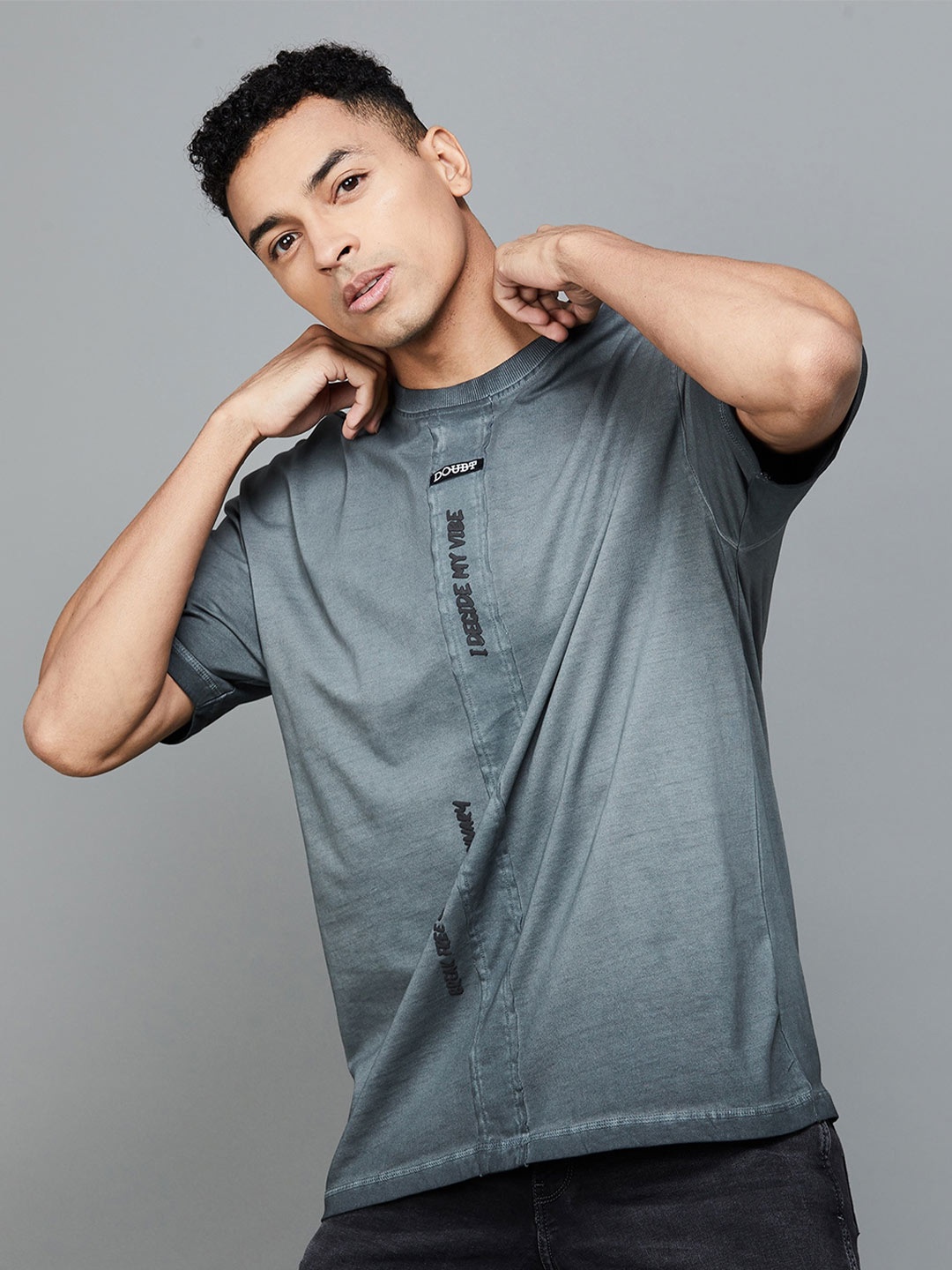 

Forca by Lifestyle Typography Printed Round Neck Short Sleeves Oversized Cotton T-shirt, Grey