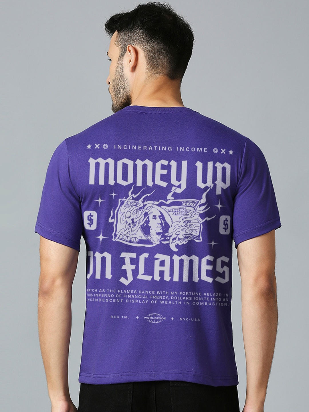 

MOD ECRU Graphic Printed Round Neck Cotton T-shirt, Purple