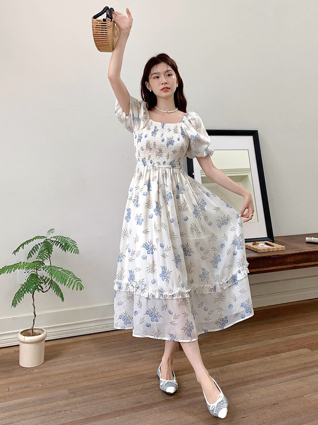 

JC Mode Floral Printed Square Neck Puff Sleeve Smocked Maxi Dress, Blue