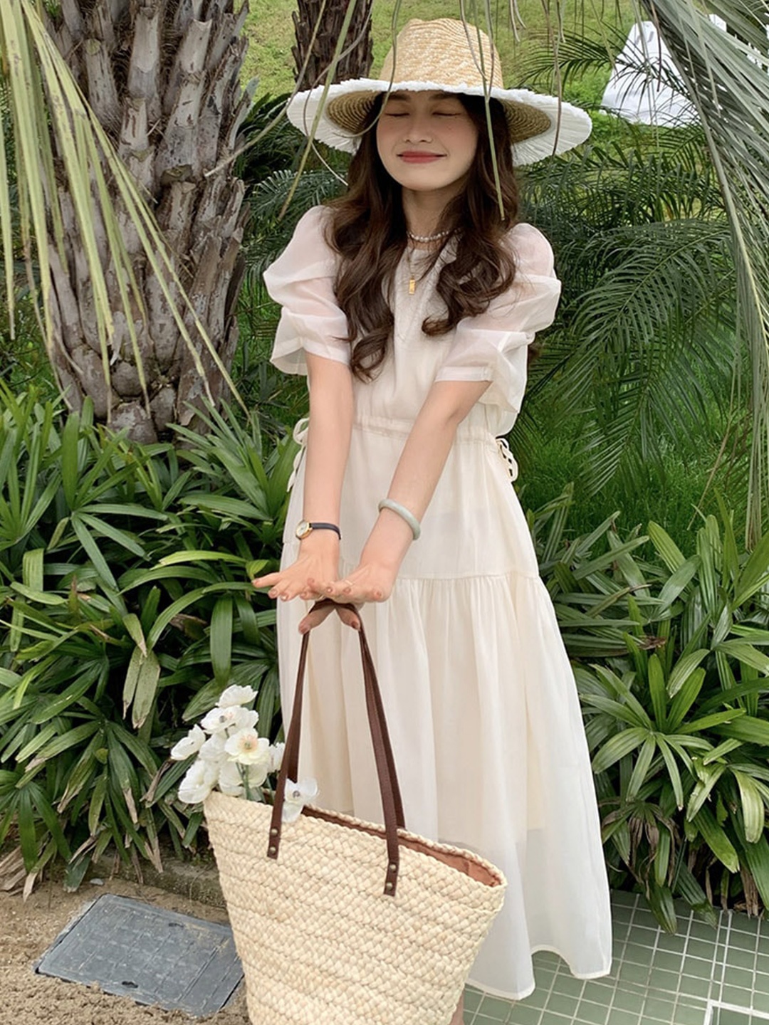 

JC Mode Puff Sleeves Fit & Flare Tiered Dress, Beige