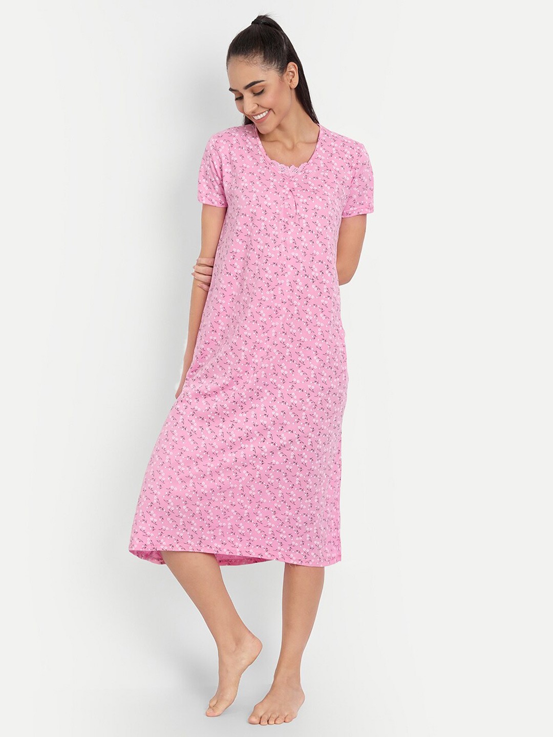 

BLAZON Floral Printed Pure Cotton Midi Nightdress, Pink