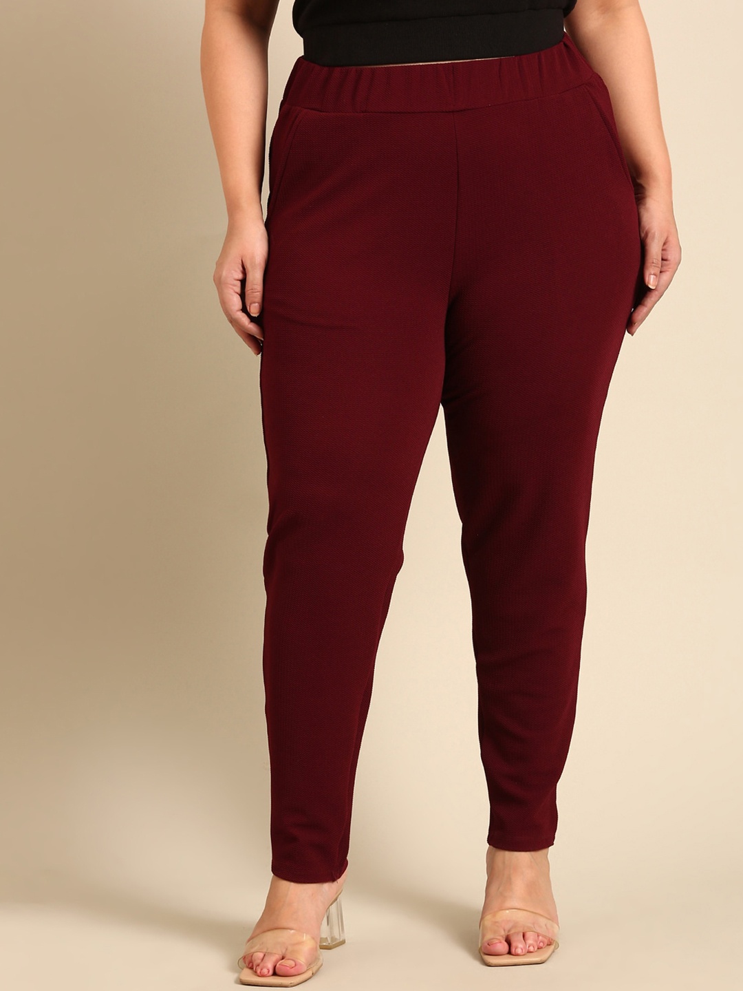 

The Pink Moon Women Plus Size High-Rise Trousers, Burgundy