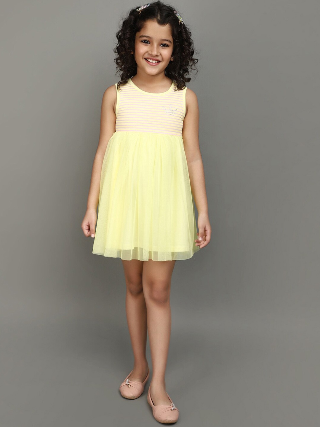 

V-Mart Girls Striped Cotton Fit & Flare Dress, Yellow
