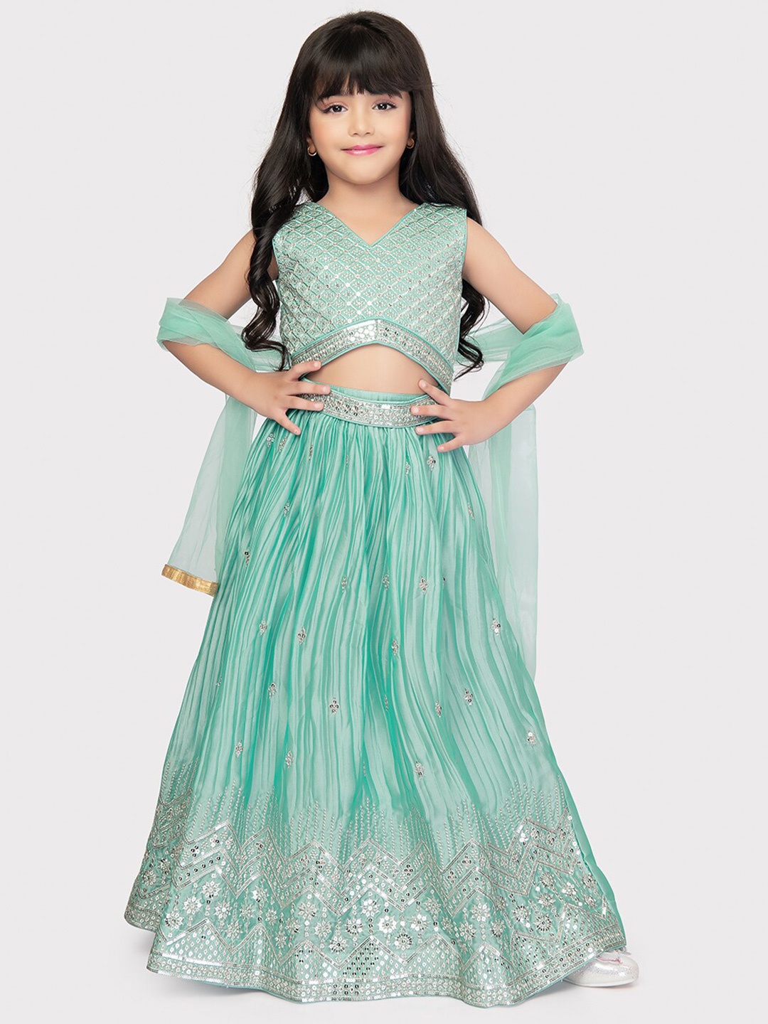 

Tiny Kingdom Girls Embroidered Sequinned Ready to Wear Lehenga & Blouse With Dupatta, Sea green