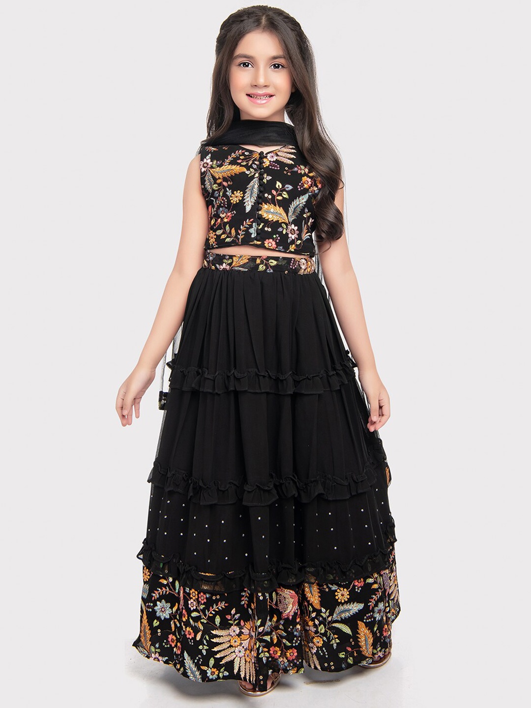 

Tiny Kingdom Girls Embroidered Thread Work Ready to Wear Lehenga & Blouse With Dupatta, Black