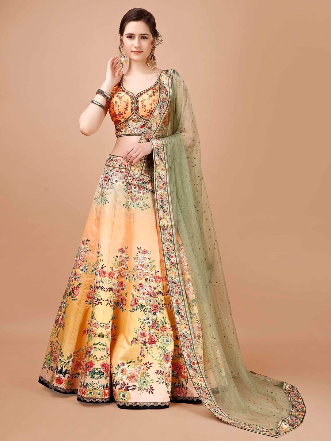 

SAPTRANGI Printed Ready to Wear Lehenga & Blouse With Dupatta, Yellow