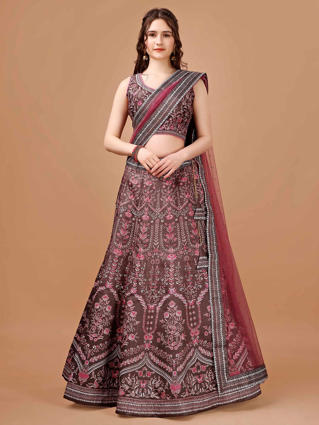 

SAPTRANGI Printed Ready to Wear Lehenga & Blouse With Dupatta, Brown