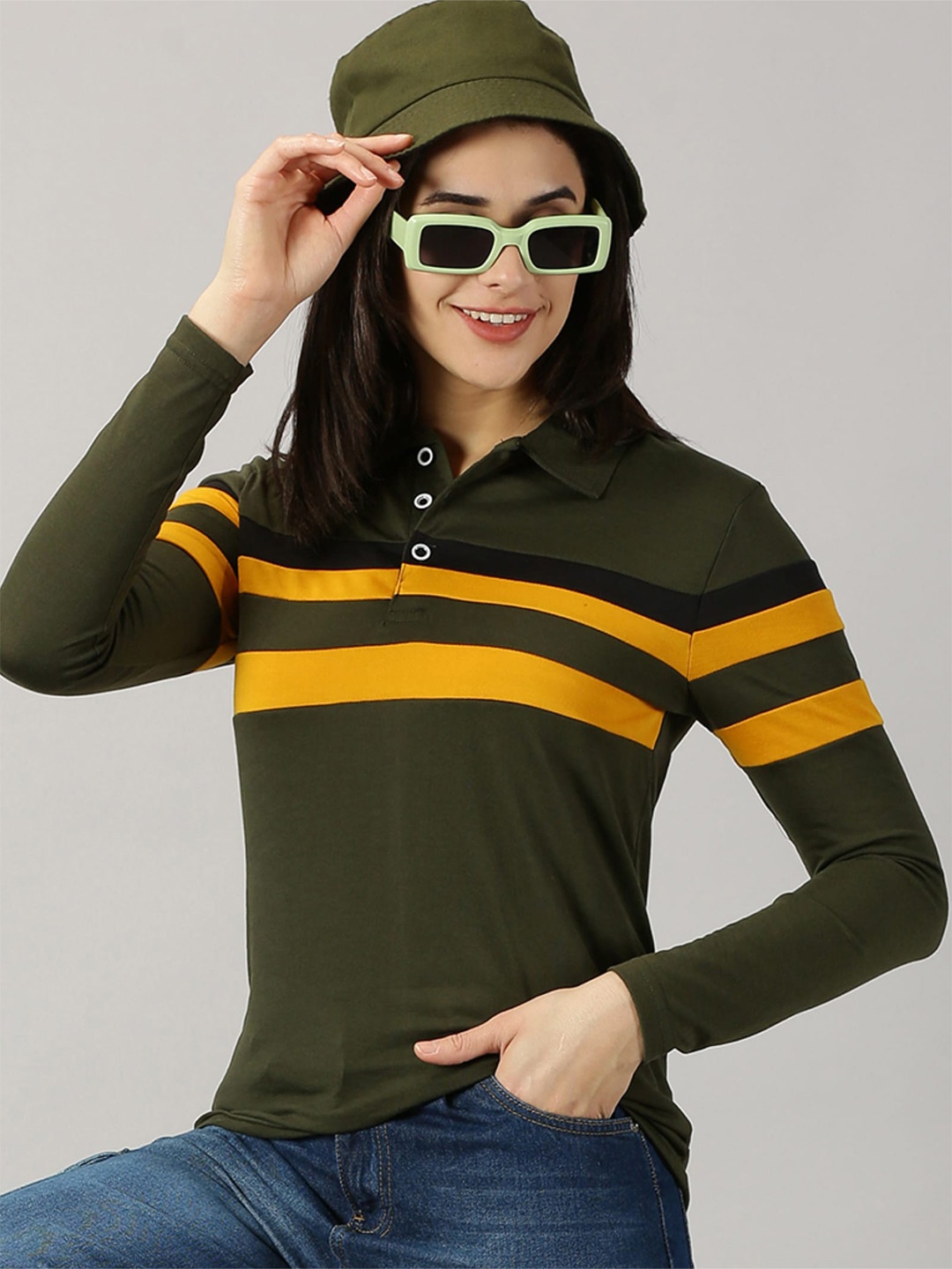 

AUSK Striped Polo Collar T-shirt, Olive