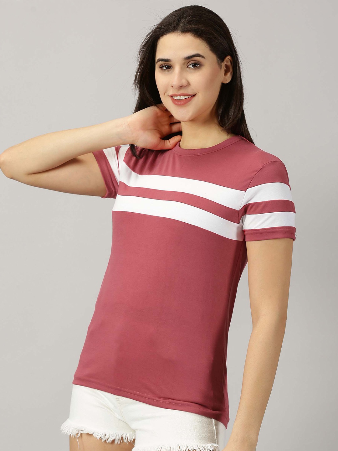 

AUSK Striped Round Neck Short Sleeve T-Shirt, Peach