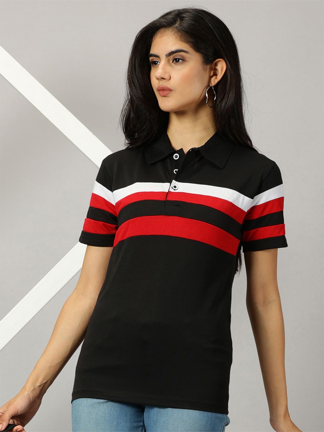 

AUSK Striped Polo Collar T-shirt, Black