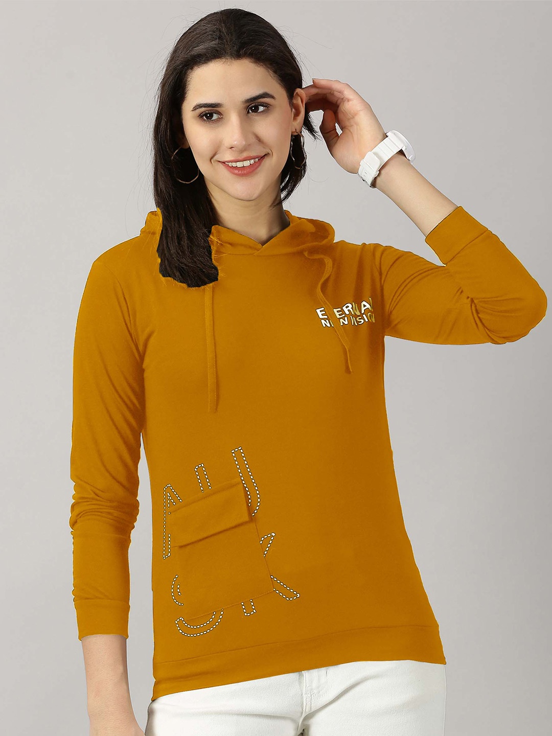 

AUSK Typography Printed Hooded Long Sleeves T-shirt, Yellow