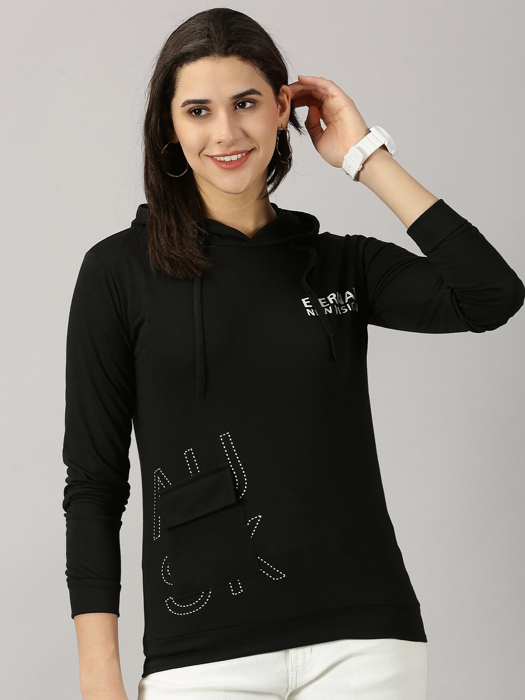 

AUSK Typography Printed Long Sleeves Hood T-shirt, Black