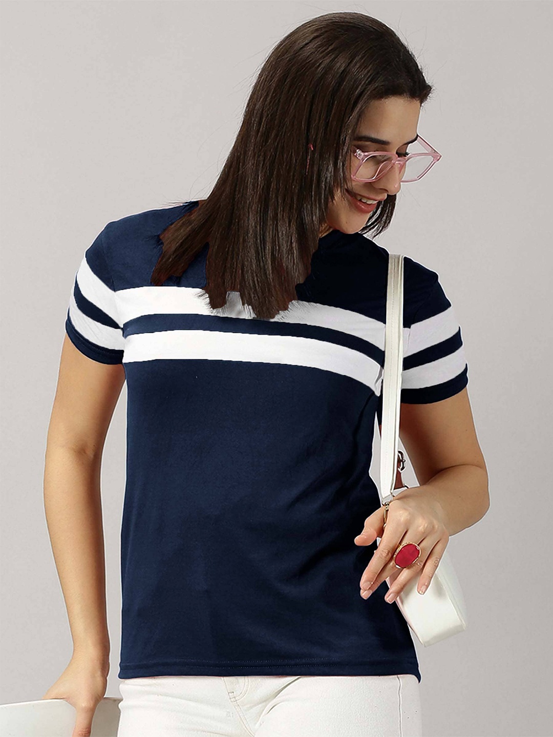 

AUSK Striped Round Neck Short Sleeves T-shirt, Navy blue