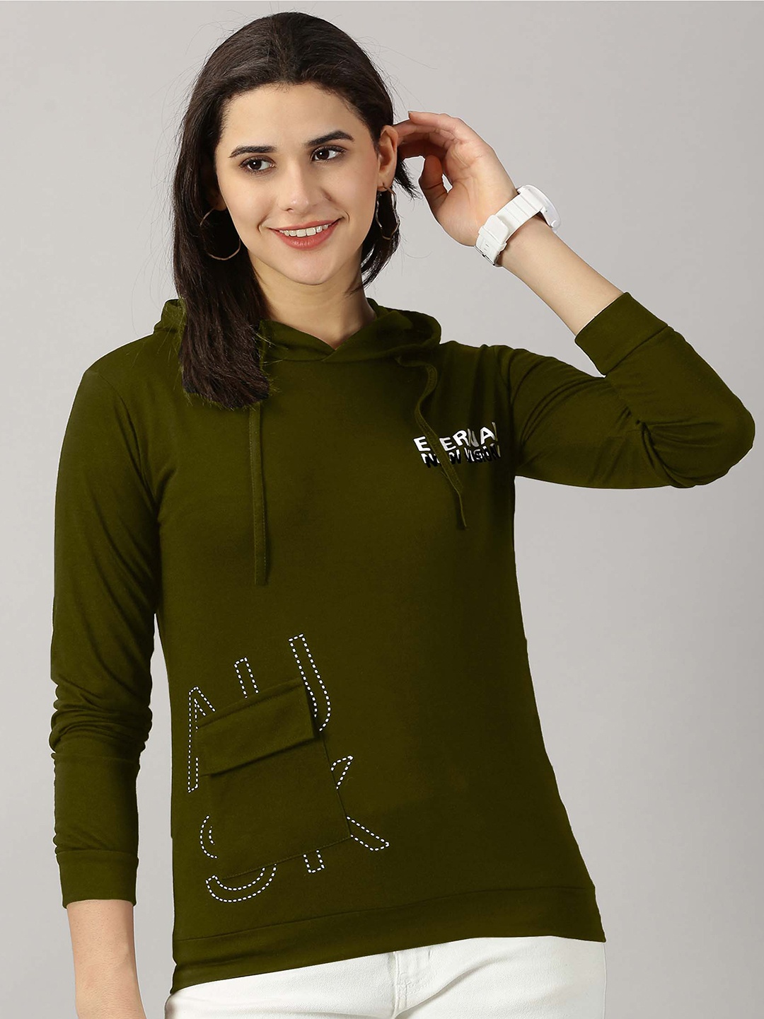 

AUSK Typography Printed Long Sleeves Hood T-shirt, Olive