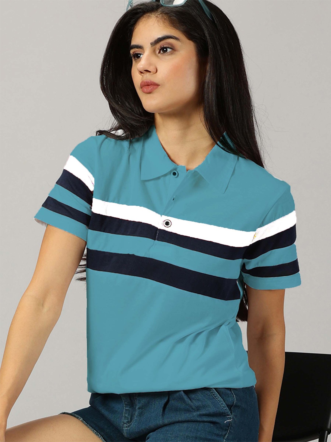 

AUSK Striped Polo Collar T-shirt, Teal