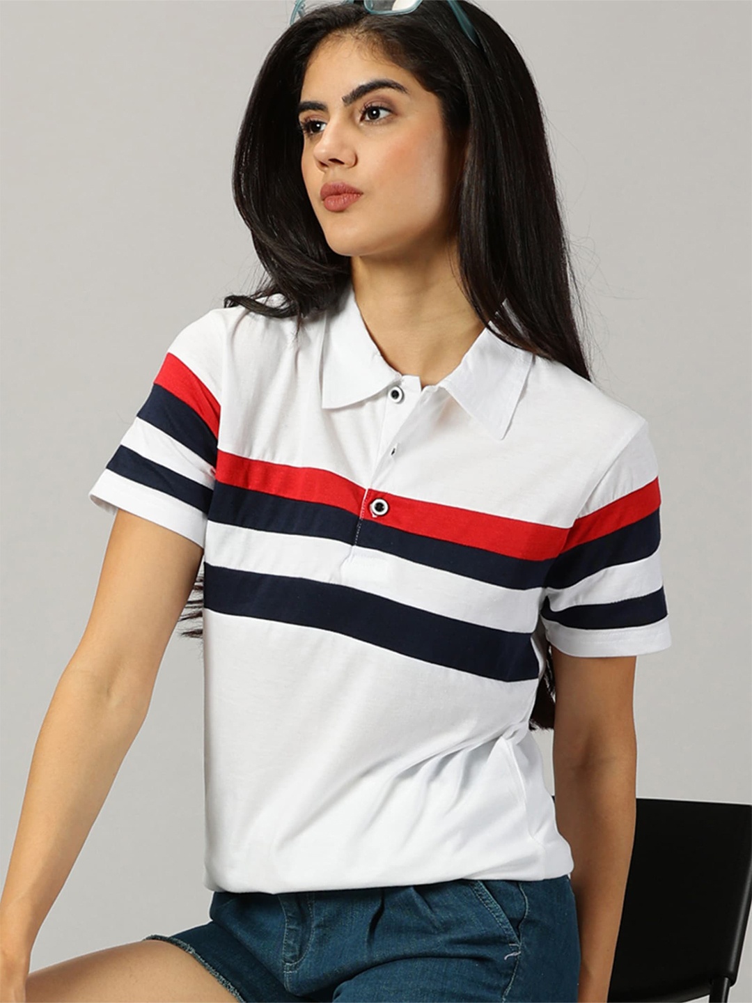

AUSK Striped Polo Collar T-shirt, White