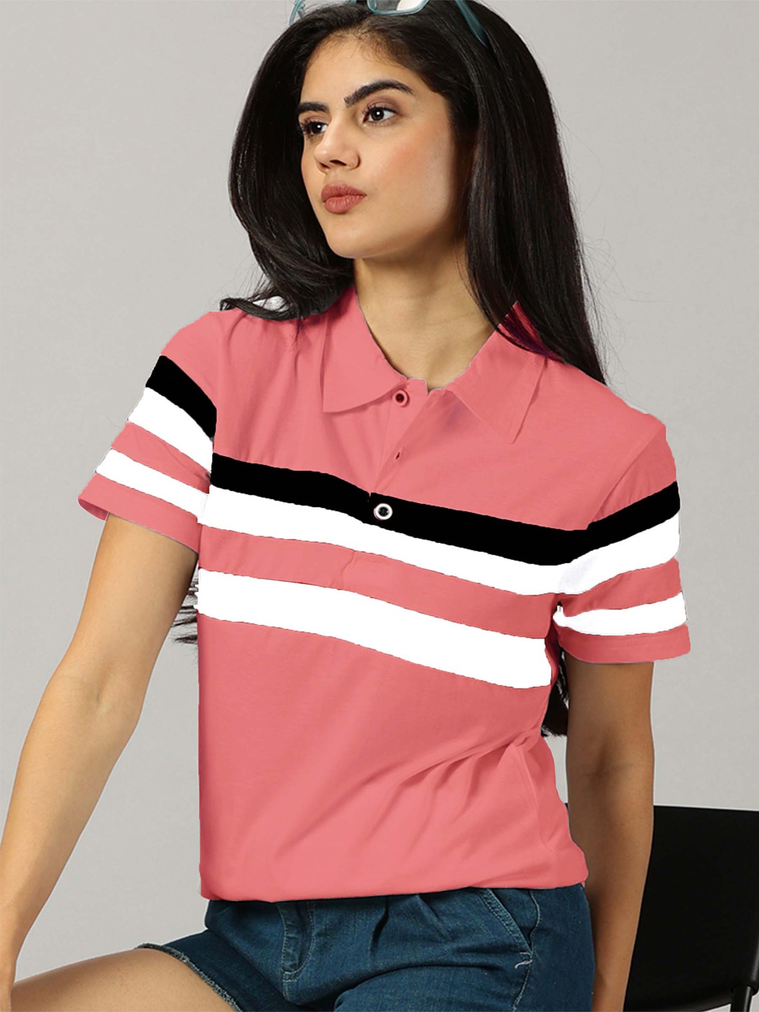 

AUSK Striped Polo Collar T-shirt, Peach