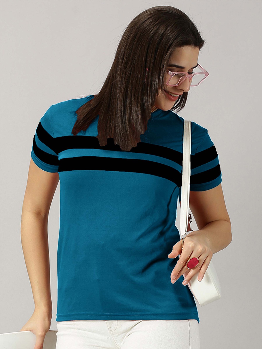 

AUSK Striped Round Neck Half Sleeves Regular Fit Cotton T-Shirt, Teal