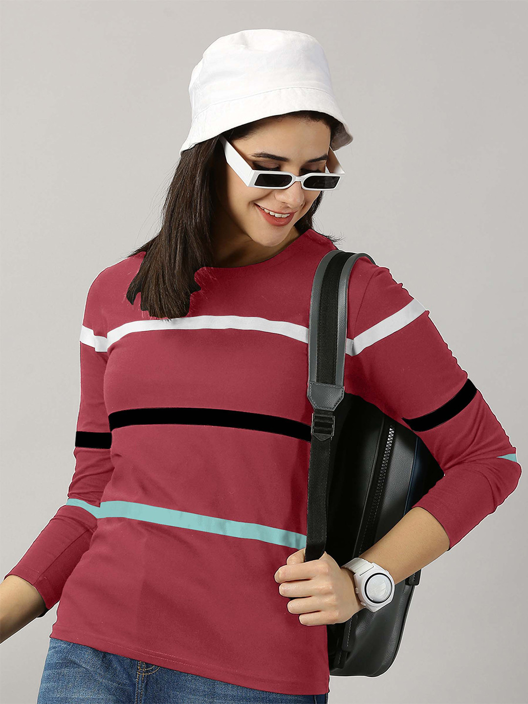 

AUSK Striped Round Neck Full Sleeves Regular Fit Cotton T-Shirt, Peach