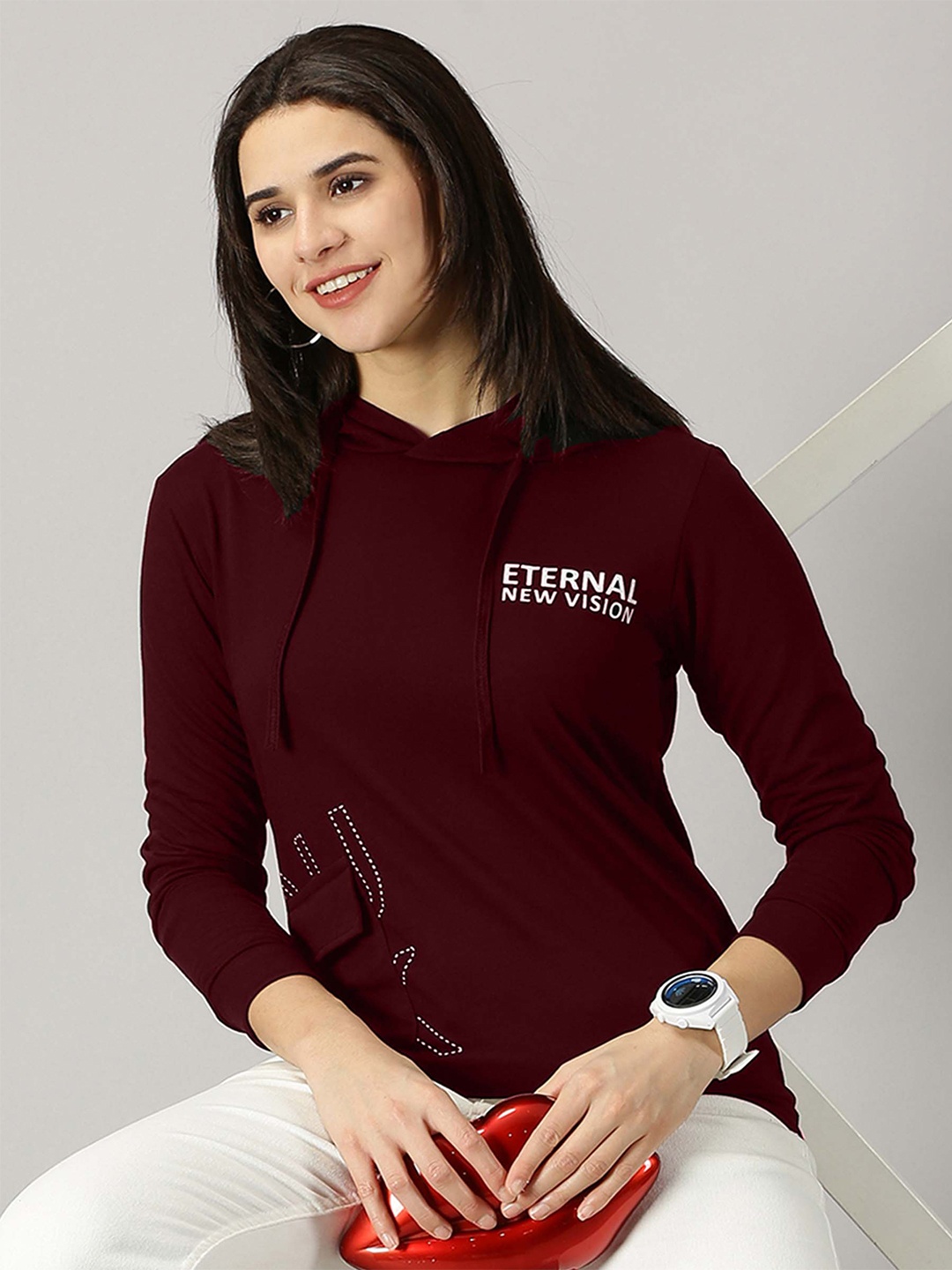 

AUSK Women Typography Hooded T-shirt, Maroon