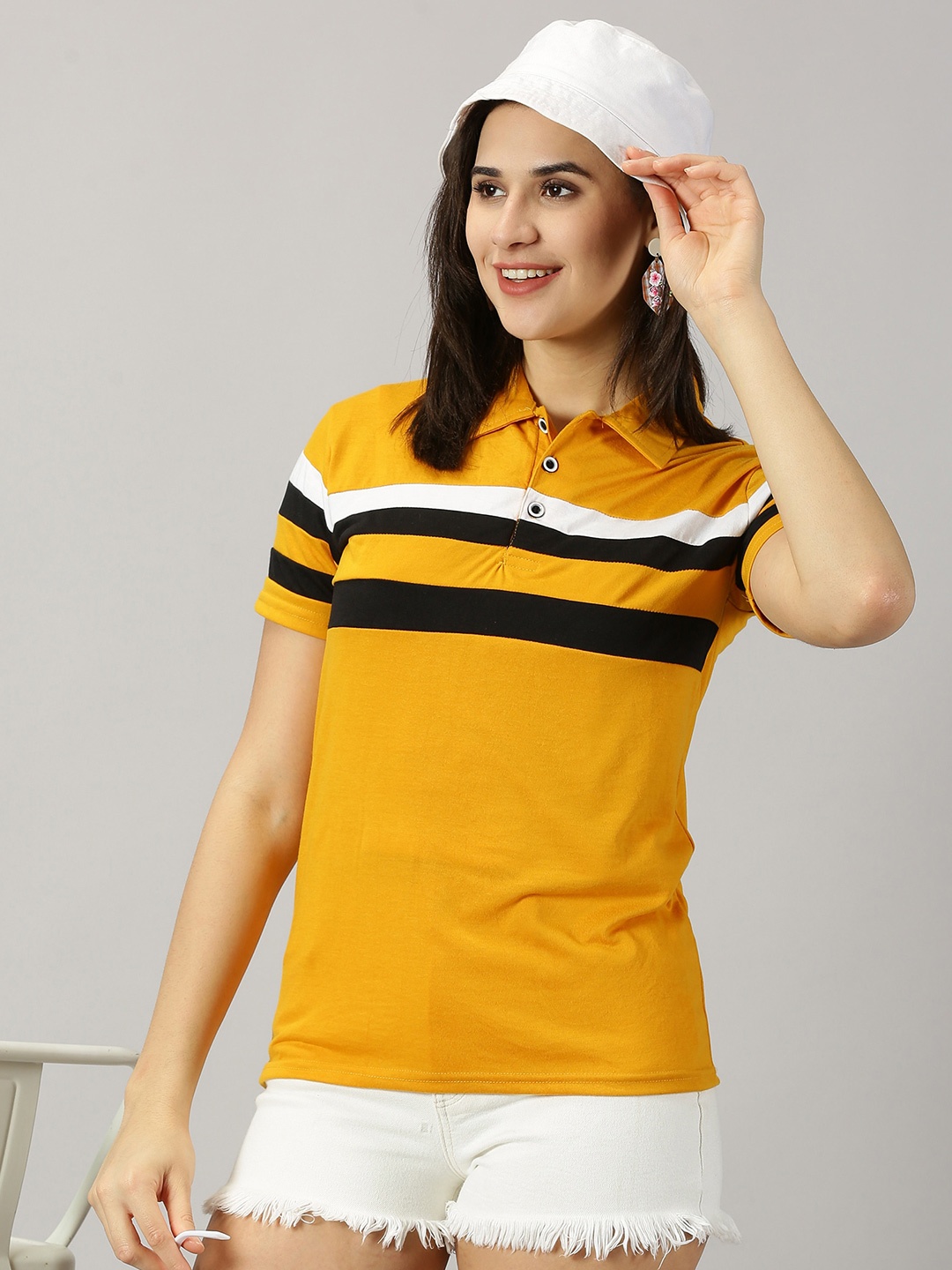 

AUSK Striped Polo Collar Half Sleeves T-shirt, Yellow