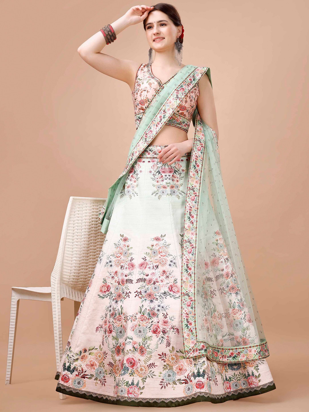 

SAPTRANGI Printed Ready to Wear Lehenga & Blouse With Dupatta, Sea green