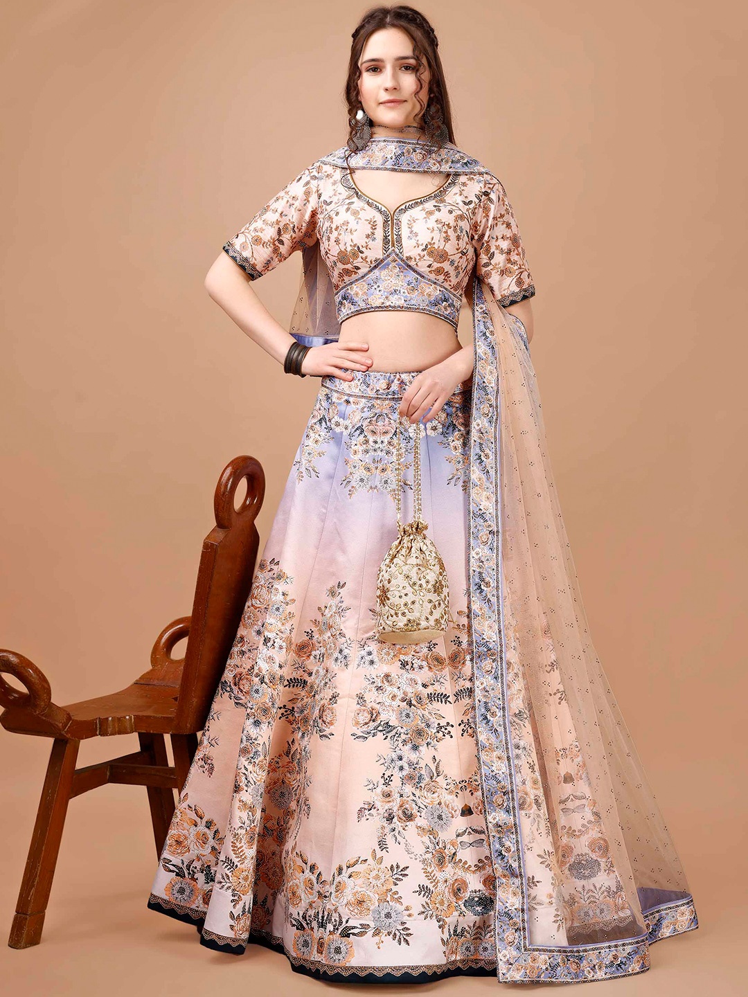 

SAPTRANGI Printed Ready to Wear Lehenga & Blouse With Dupatta, Peach