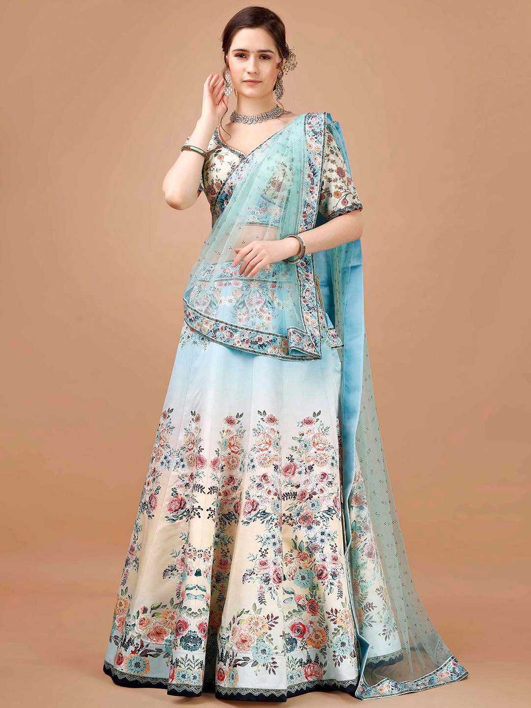 

SAPTRANGI Printed Ready to Wear Lehenga & Blouse With Dupatta, Blue