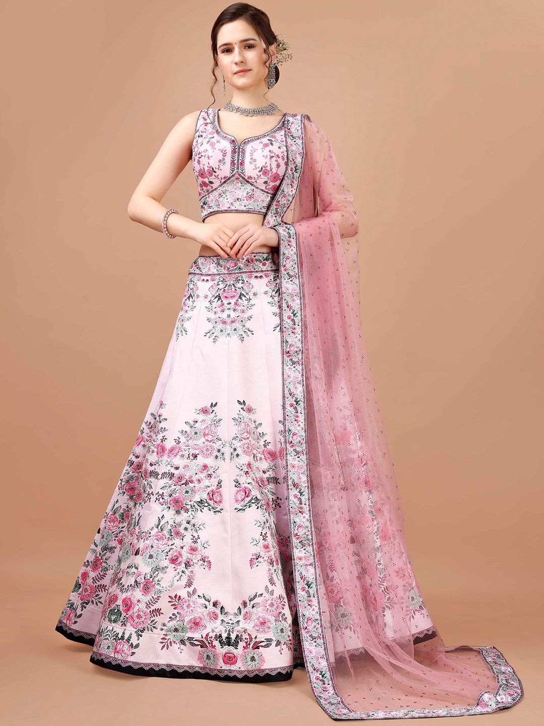 

SAPTRANGI Printed Ready to Wear Lehenga & Blouse With Dupatta, Pink