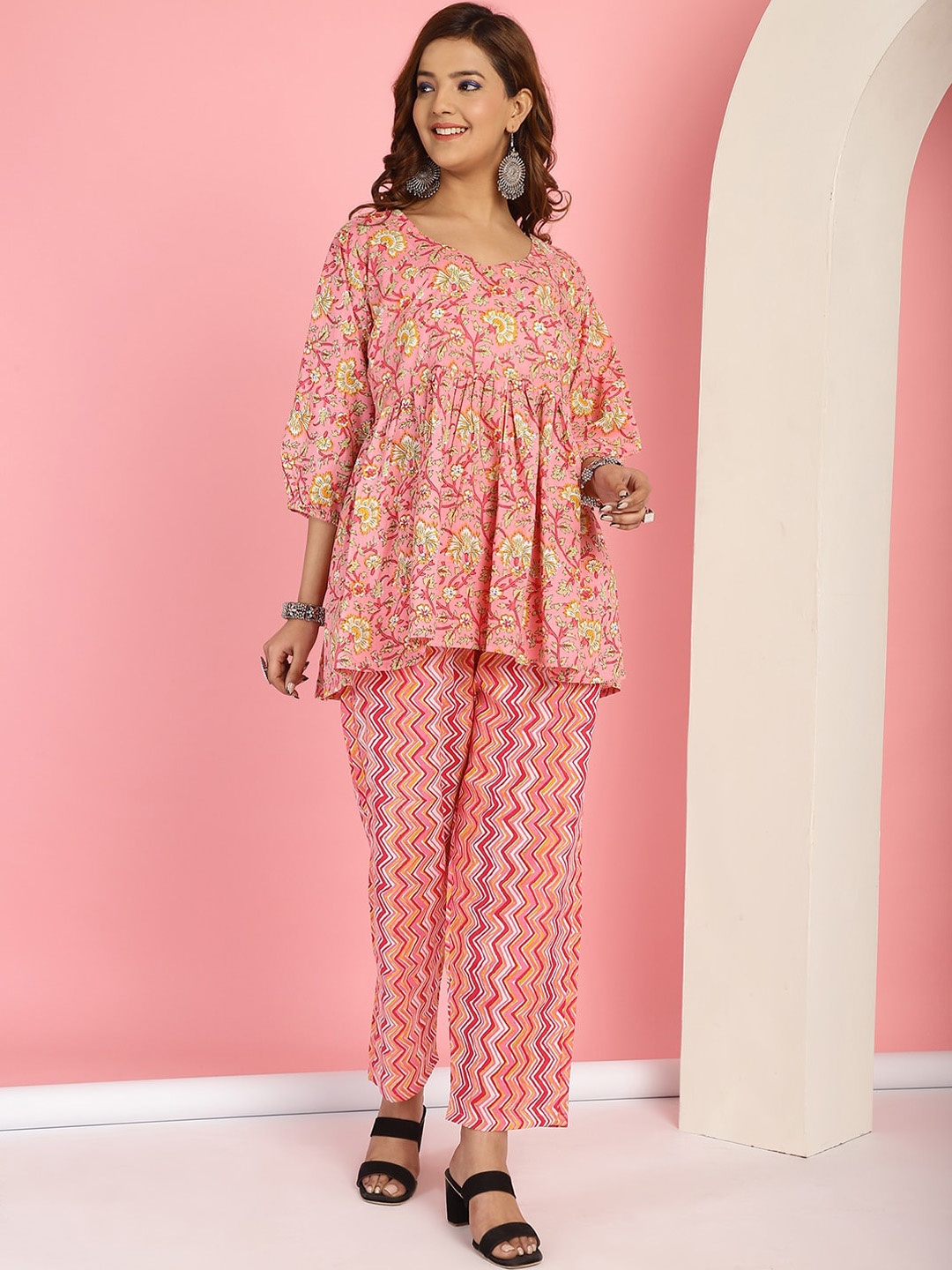 

TAG 7 Ethnic Motifs Printed Pure Cotton Pleated A-Line Kurti With Trouser, Pink