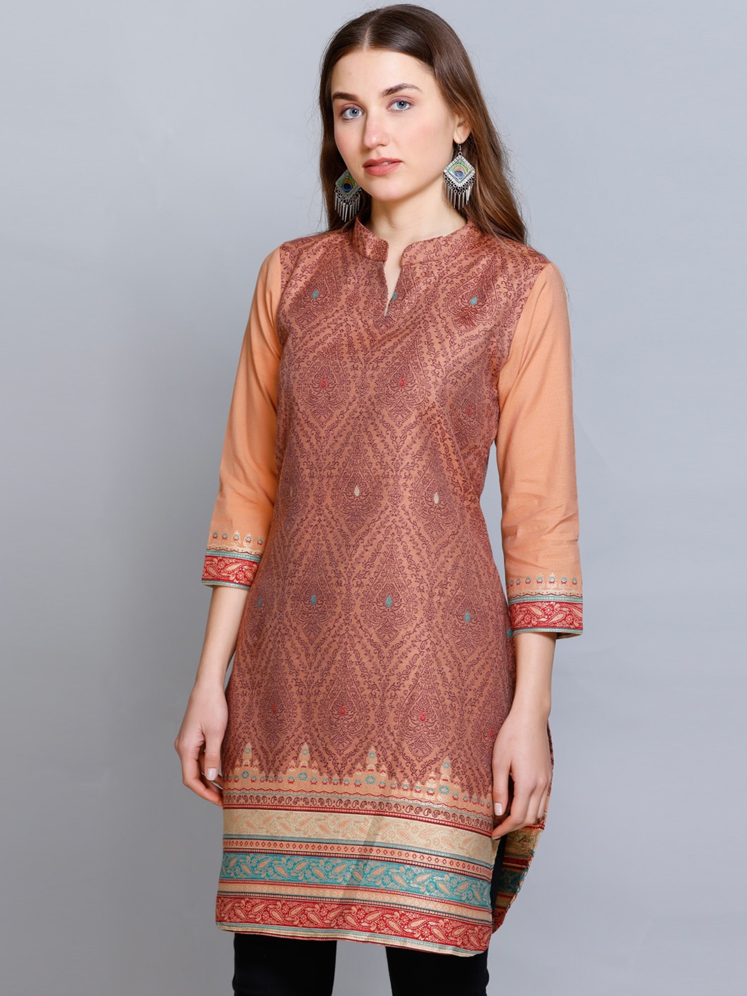 

KIDAR Ethnic Motifs Printed Mandarin Collar Kurta, Rust