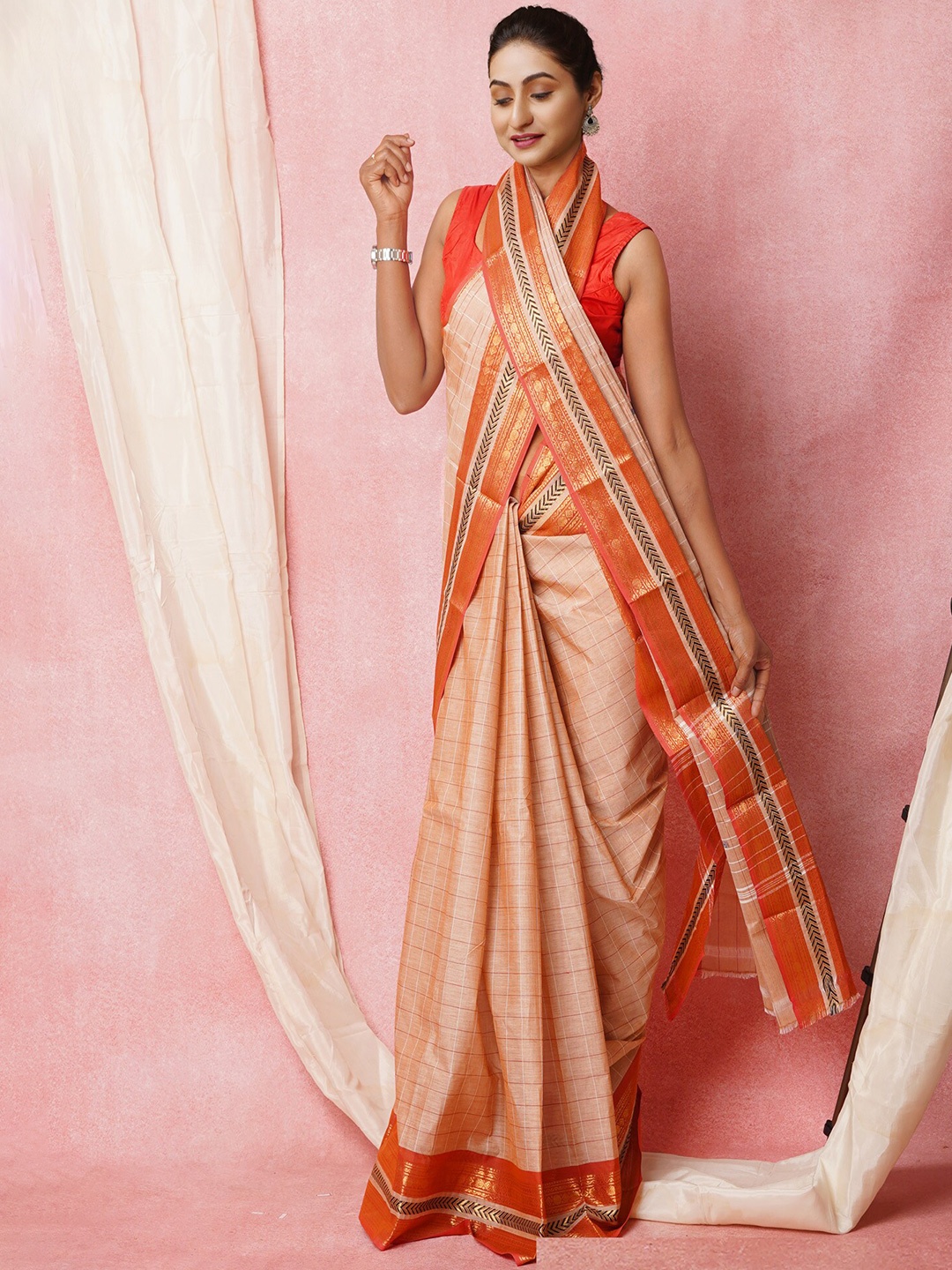 

Unnati Silks Checked Zari Pure Cotton Kanjeevaram Saree, Cream