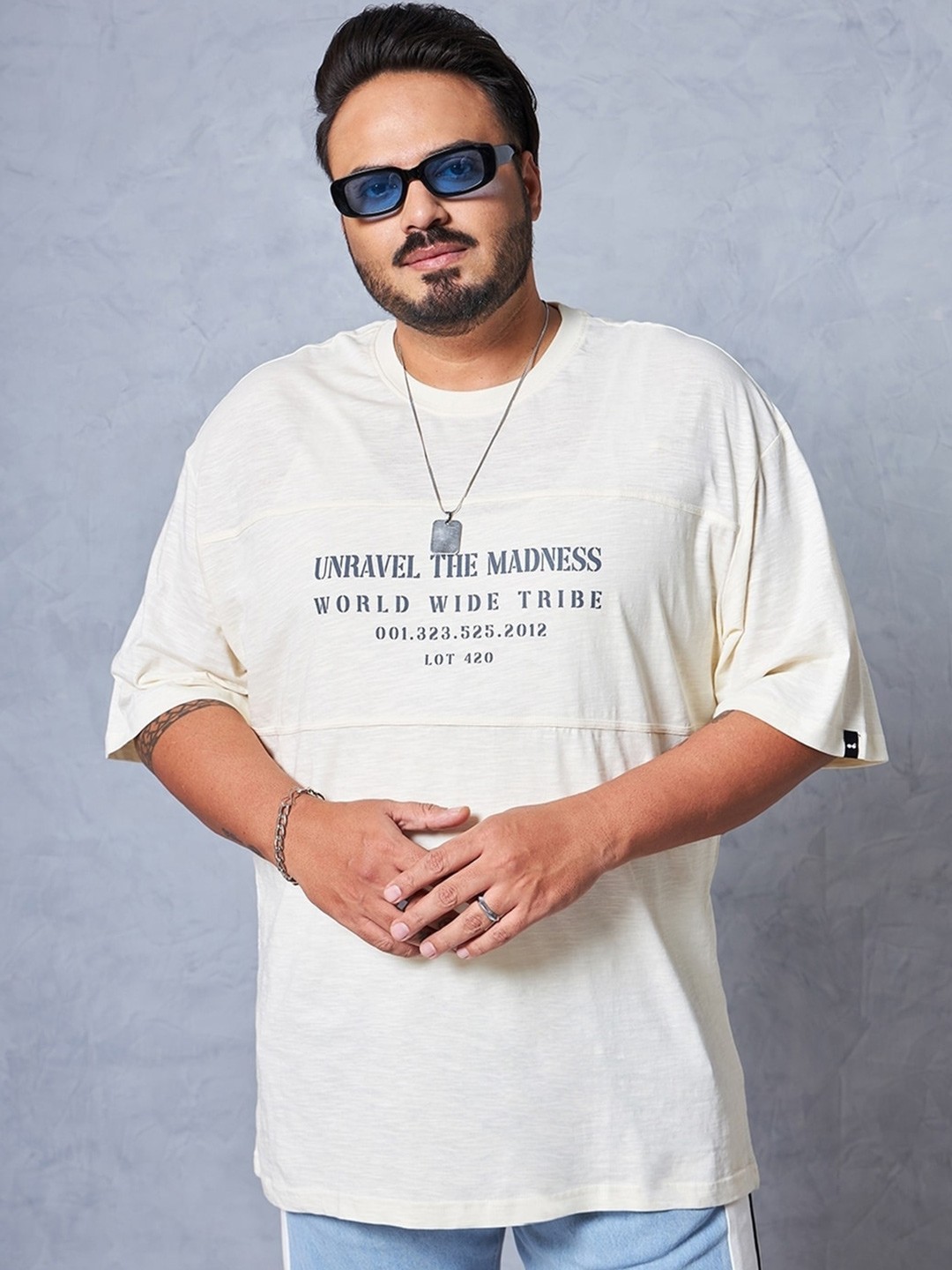 Bewakoof AIR Plus Size Typography Printed Round Neck Drop-Shoulder Sleeves T-shirt, Beige