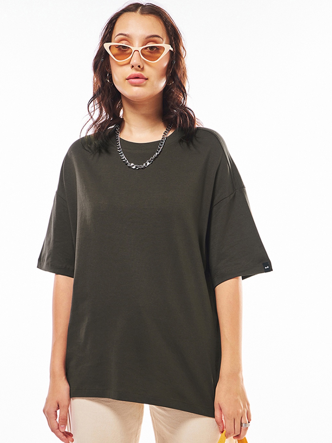 

Bewakoof Drop-Shoulder Sleeves Longline Oversized Cotton T-shirt, Brown