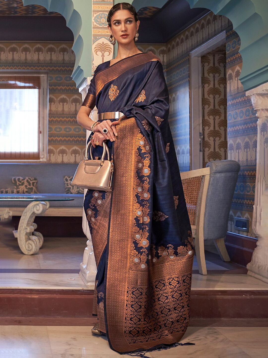 

DEVATITHI Ethnic Motifs Woven Design Zari Banarasi Saree, Blue
