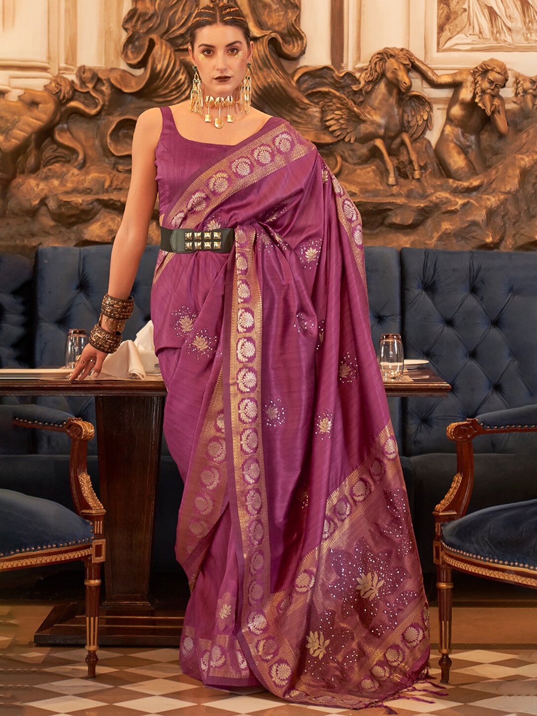 

DEVATITHI Ethnic Motifs Woven Design Zari Tussar Saree, Violet