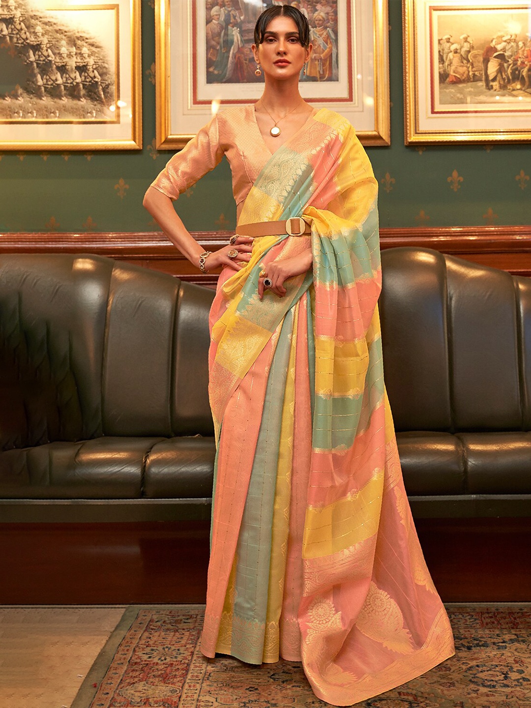 

DEVATITHI Striped Woven Design Zari Organza Saree, Yellow