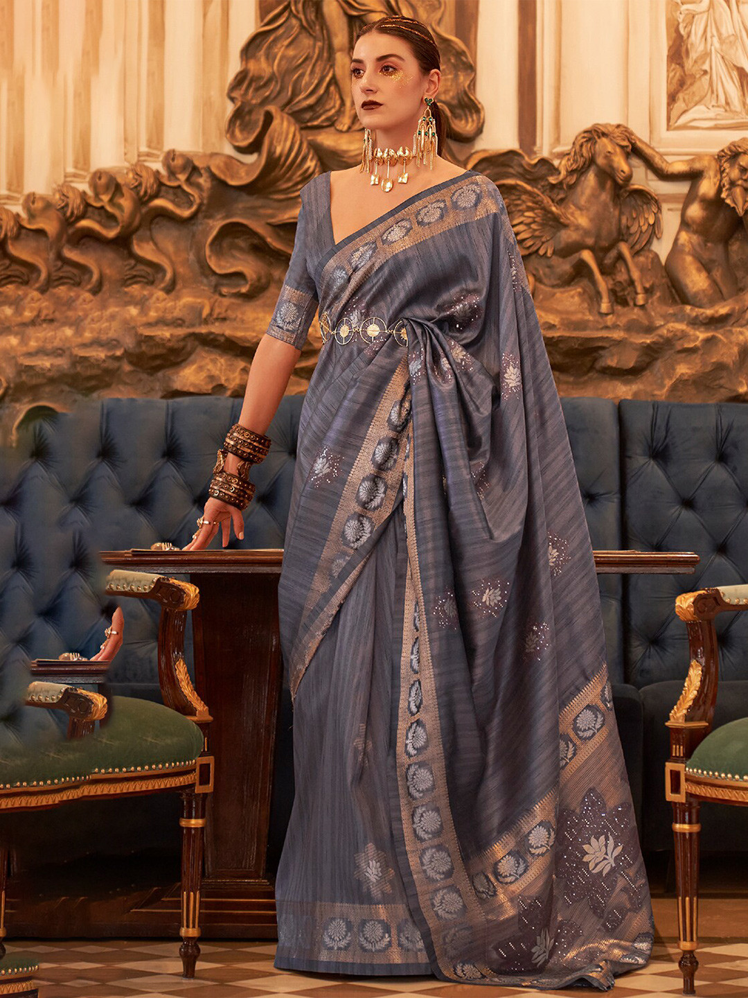 

DEVATITHI Woven Design Zari Tussar Saree, Grey