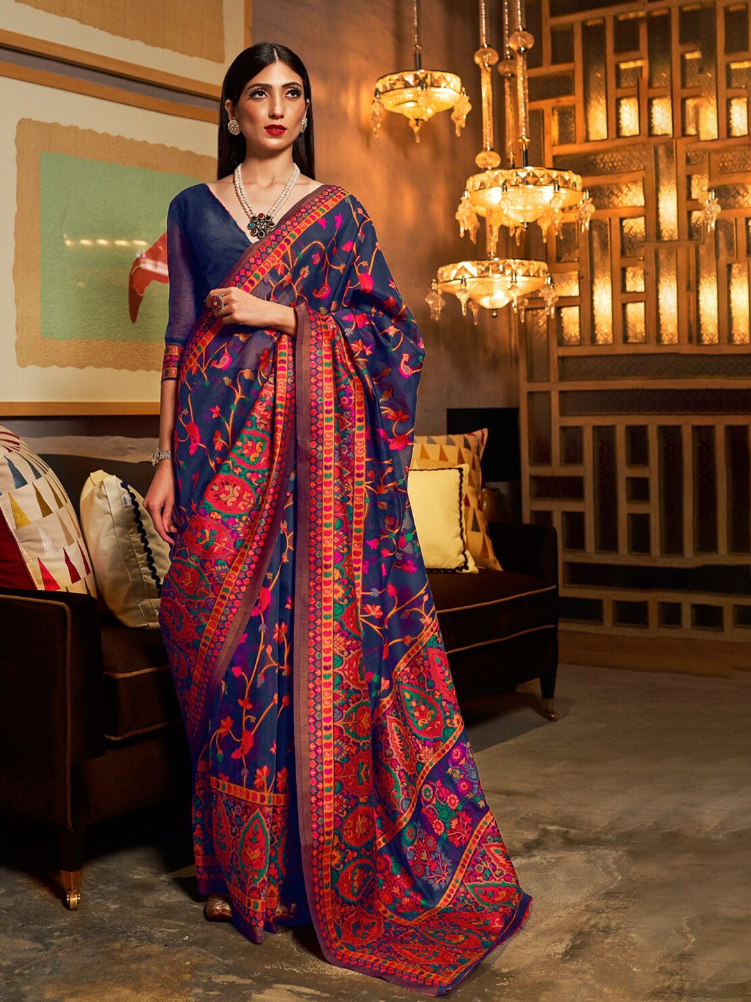 

DEVATITHI Floral Woven Design Zari Banarasi Saree, Blue