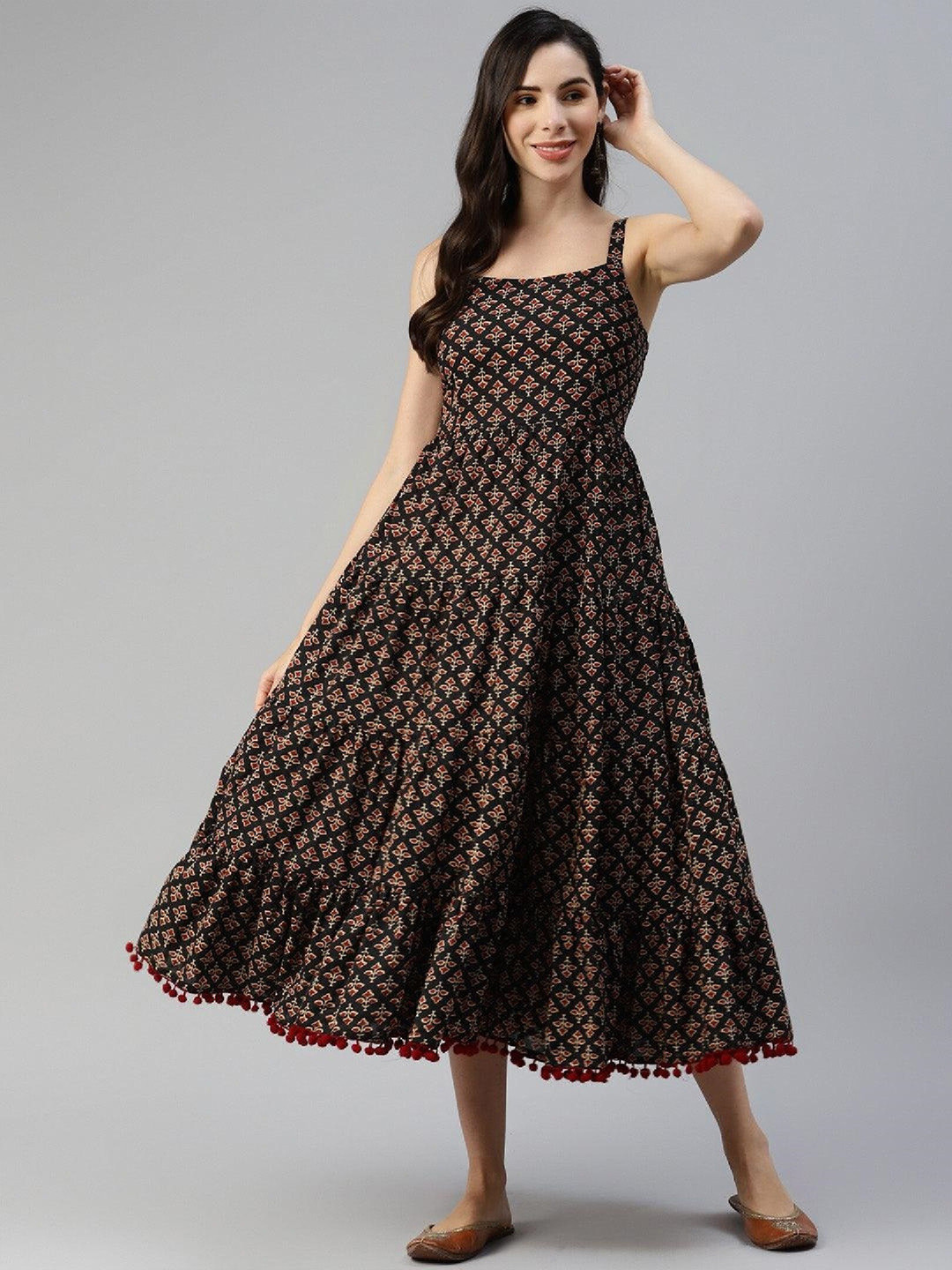 

Dress21 Floral Printed Shoulder Straps Fit & Flare Midi Ethnic Dress, Black