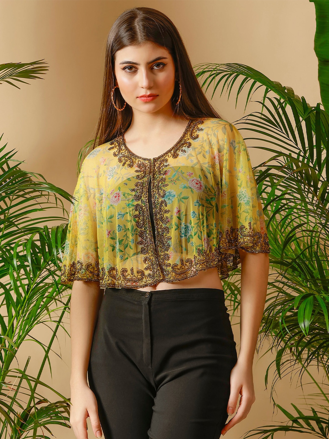 

DEBONATELLA Printed Embroidered Crop Tie-Up Shrug, Mustard