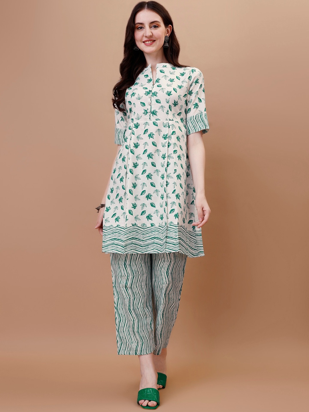 

HERE&NOW Printed Mandarin Collar Tunic & Trouser, Green