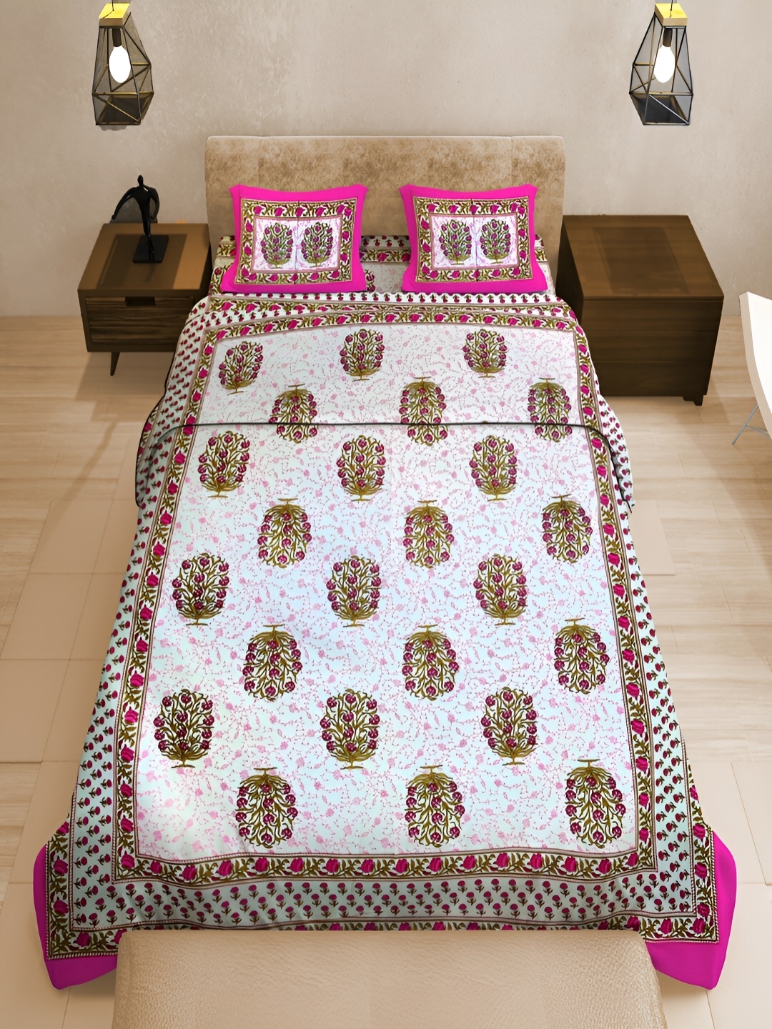 

UNIQCHOICE Pink & White Printed Cotton 120 TC Queen Bedsheet With 2 Pillow Covers