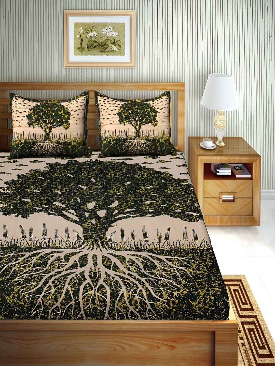 

UNIQCHOICE Green & Beige Printed Cotton 120 TC Queen Bedsheet With 2 Pillow Covers