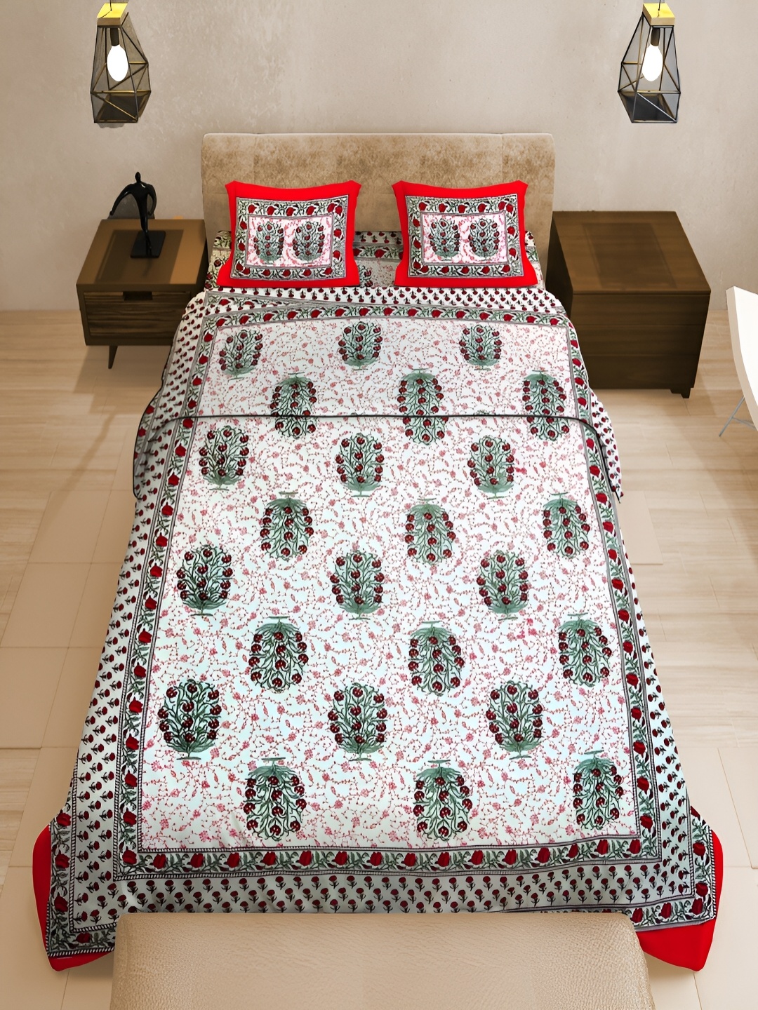 

UNIQCHOICE Red & White Printed Cotton 120 TC Queen Bedsheet With 2 Pillow Covers